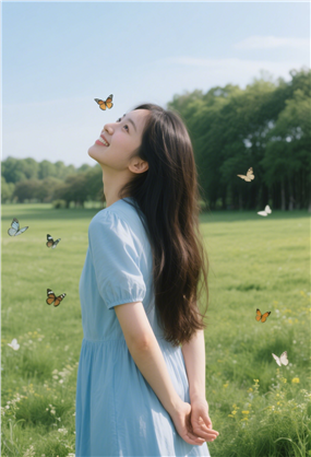 春天户外绿色草地美女摄影图片